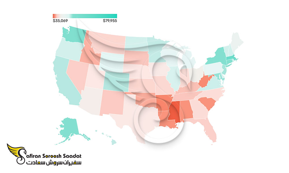 میانگین درآمد سالانه در ایالت های مختلف آمریکا