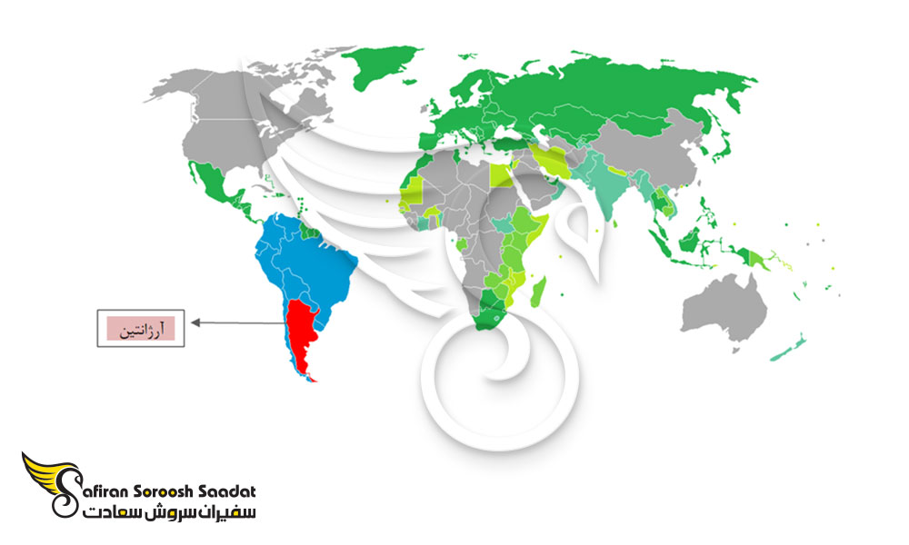 نقشه کشورهای لغو روادید با پاسپورت آرژانتین