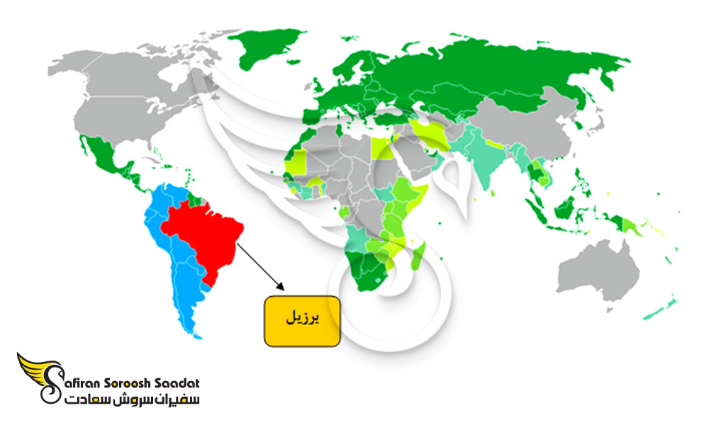 نقشه کشورهای لغو روادید با پاسپورت برزیل