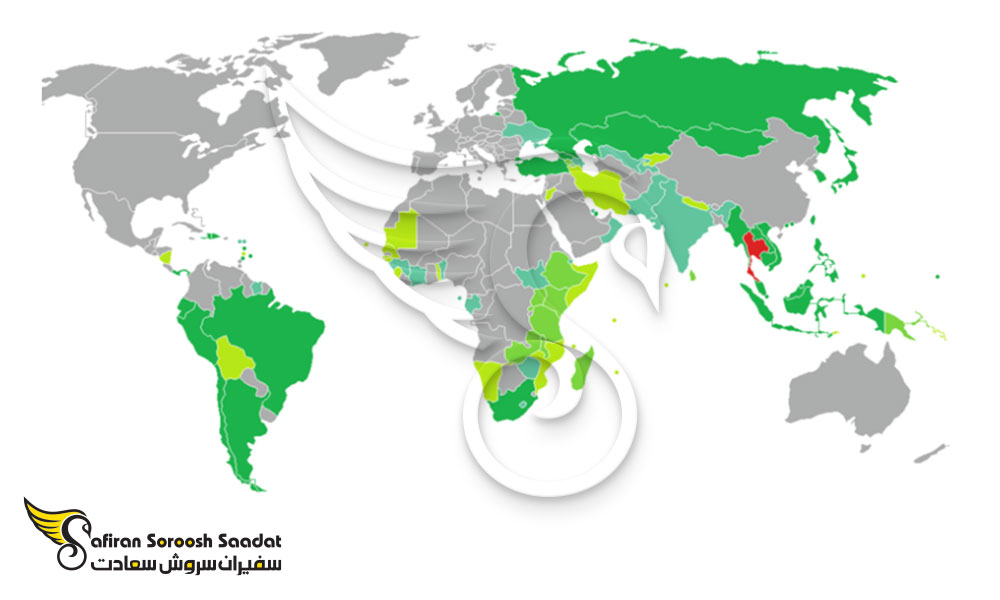 نقشه کشورهای لغو روادید با پاسپورت تایلند