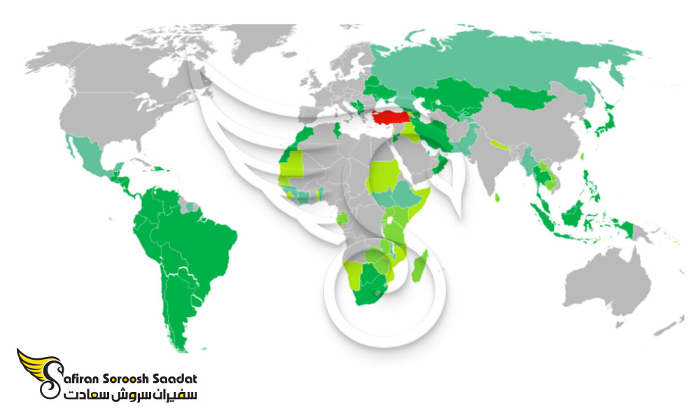 نقشه کشورهای لغو روادید با پاسپورت ترکیه